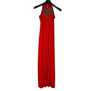 Aidan Mattox Red Beaded Neckline Halter Dress Gown Size 4